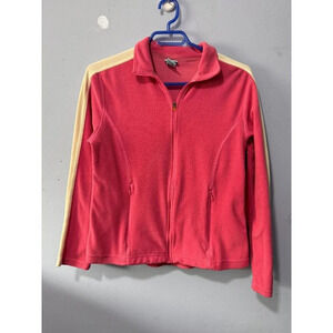 LL. Bean ladies pink zip up sweater with white stripe down the sleeve size small